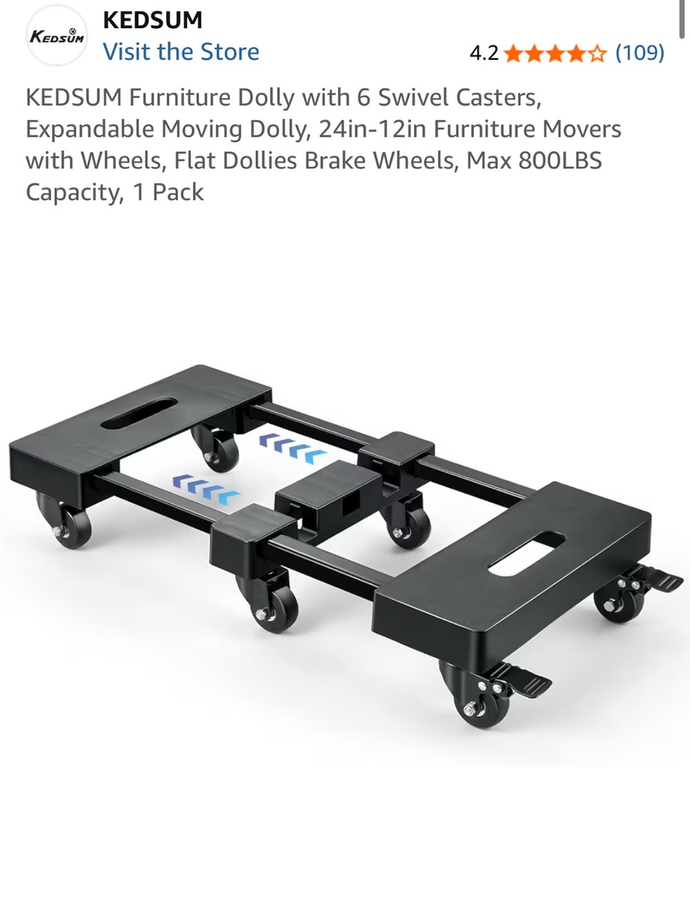 Kedsum Black Expandable Furniture Dolly with 6 Swivel Casters